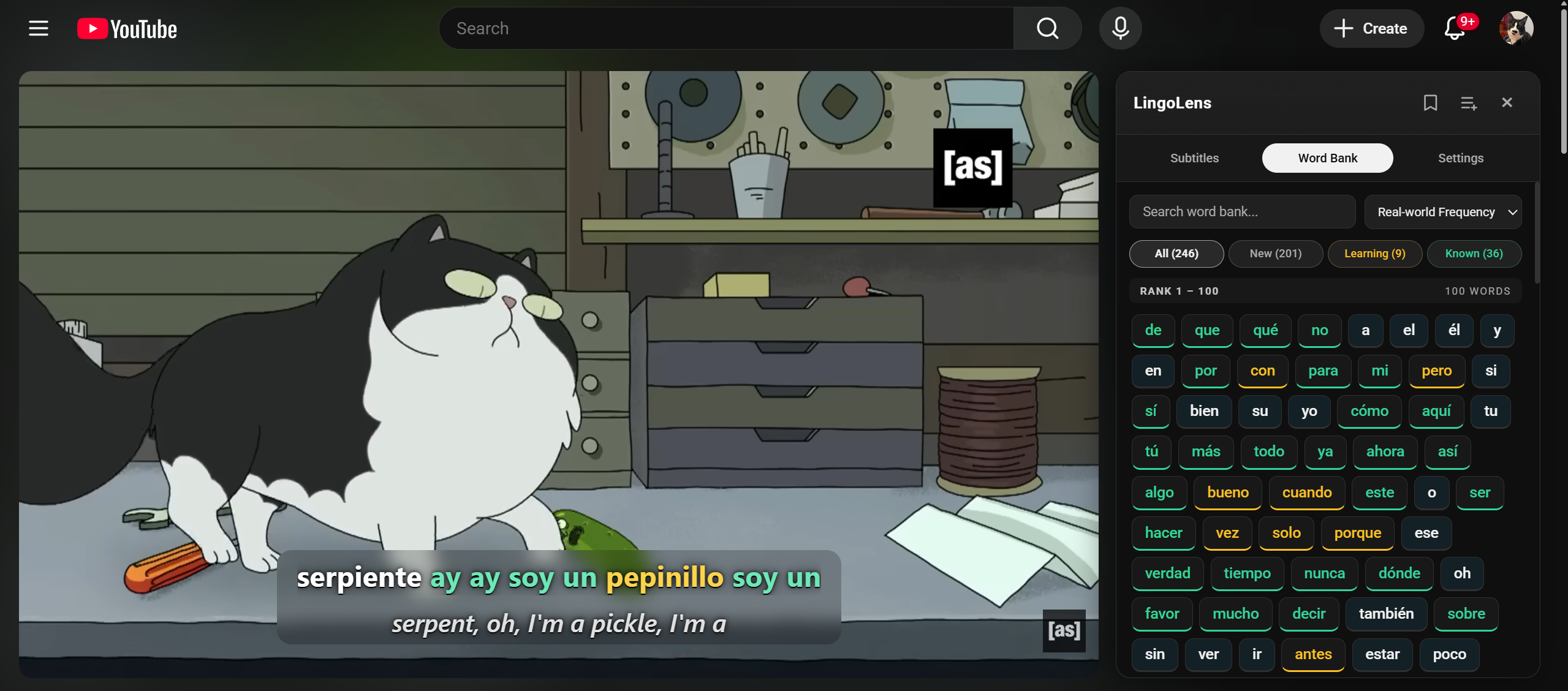 LingoLens interactive subtitles on YouTube